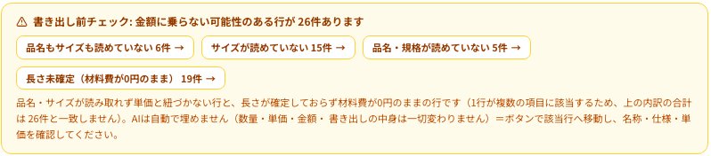 実際の画面：書き出し前チェック。金額に乗らない可能性のある行を件数と理由で知らせる